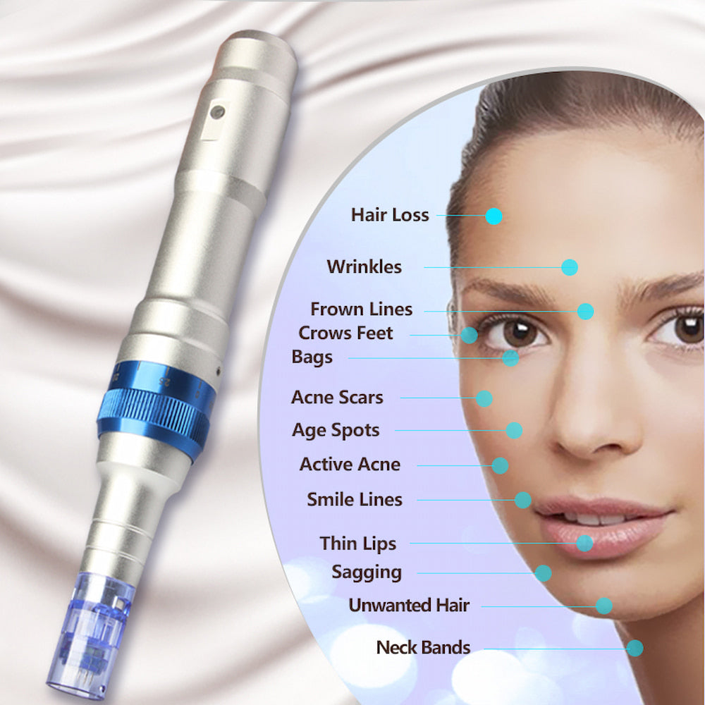 Dr. Pen A6 caneta de microagulhamento mostrada ao lado de ilustração sobre áreas de tratamento no rosto, como rugas, cicatrizes de acne, manchas de idade e queda de cabelo.