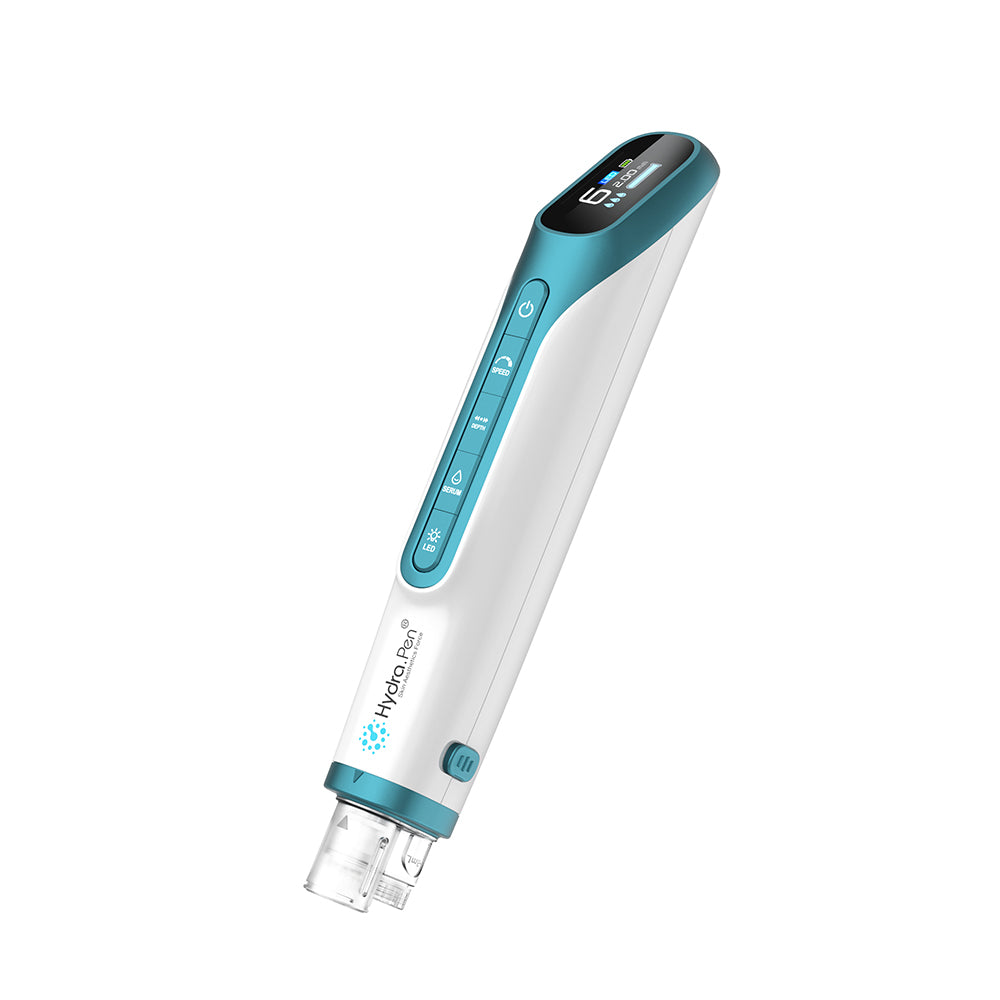 Hydra Pen H6 caneta de microneedling em vista lateral com ecrã digital e função integrada de infusão de sérum para cuidados da pele profissionais.