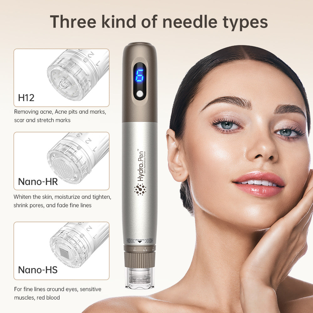 HydraPen H3 med tre olika nåltyper – H12 för ärr och acne, Nano-HR för hudförnyelse och porförminskning samt Nano-HS för känsliga områden runt ögonen.