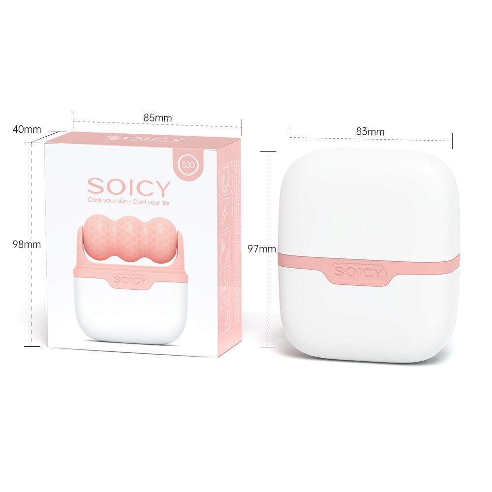 Ice Roller Soicy S30 com caixa do produto e dimensões – rolo facial rosa e branco em estojo de armazenamento compacto.