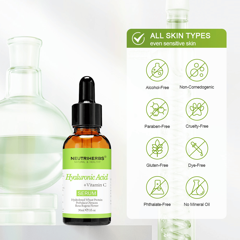 Neutriherbs Hyaluronic Acid + Vitamin C Serum 30 ml para todos os tipos de pele, incluindo pele sensível. Sérum facial hidratante sem álcool, parabenos, óleo mineral ou corantes que reforça a barreira cutânea e dá luminosidade à pele.