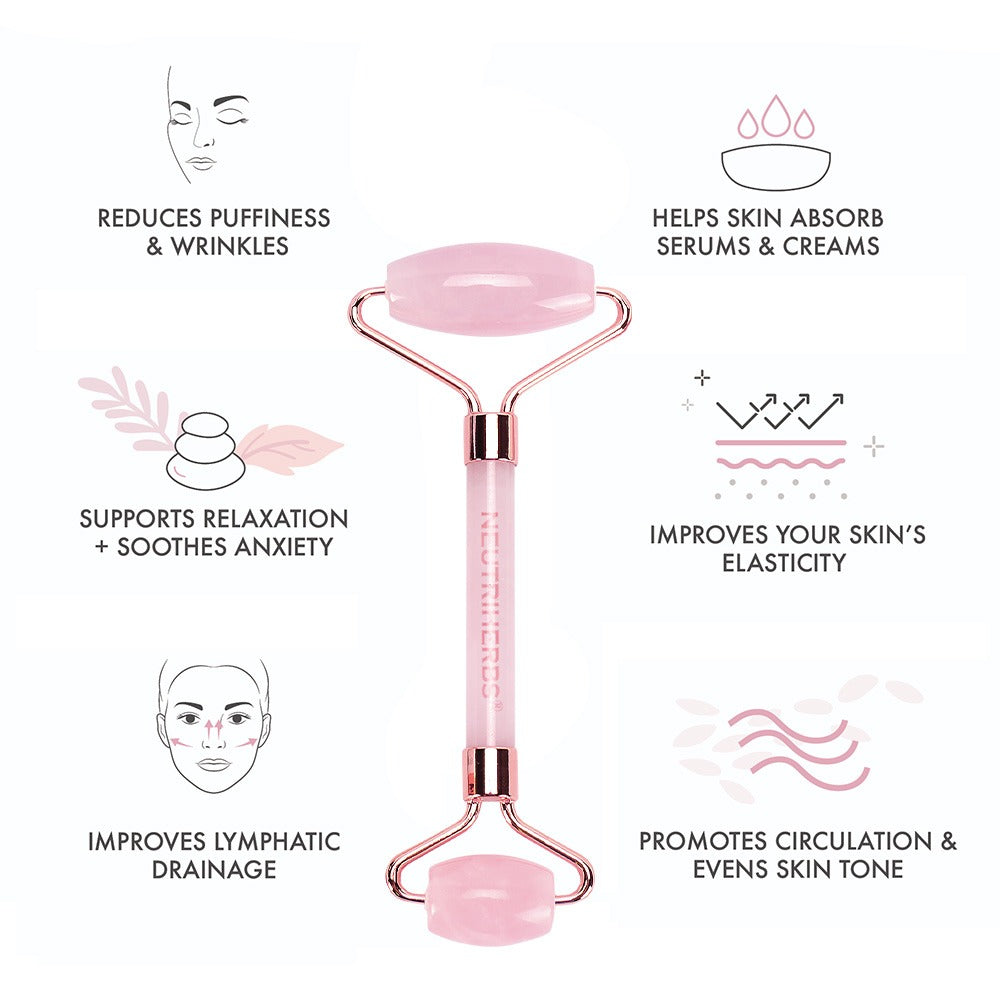 Neutriherbs roller de quartzo rosa para massagem facial que complementa a rotina diária de cuidados de pele.
