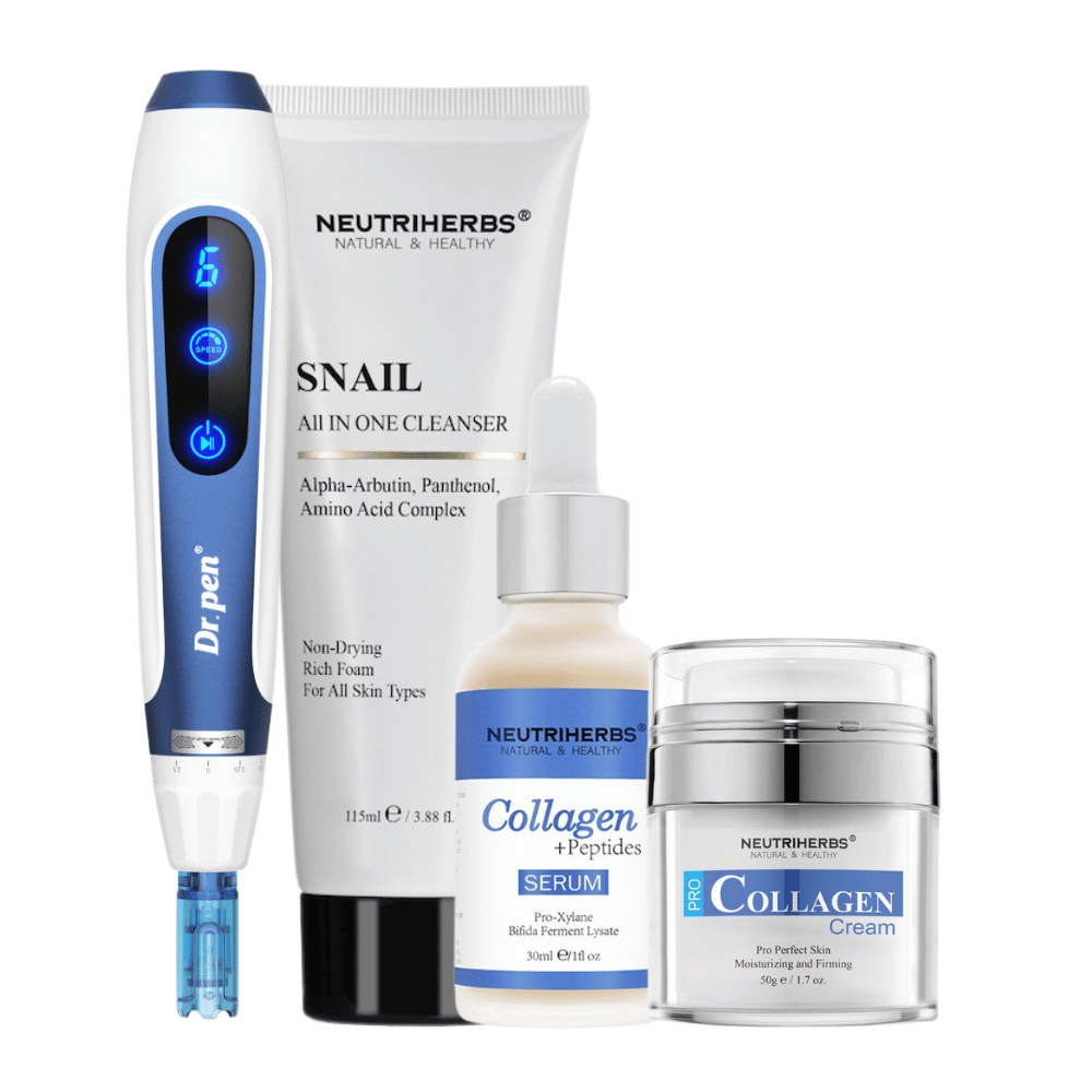 Anti-Age Kit com Dr. Pen A11, Neutriherbs Snail Cleanser, Collagen + Peptides Serum e Pro Collagen Cream.