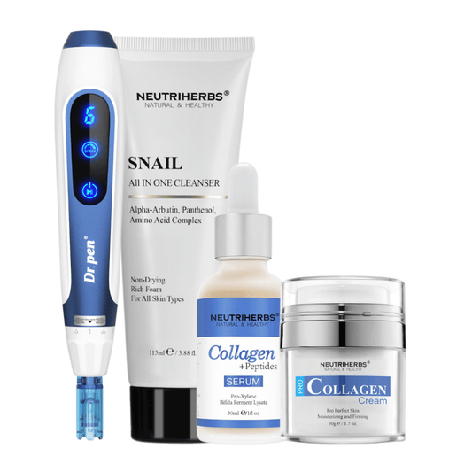 Anti-Age Kit com Dr. Pen A11, Neutriherbs Snail Cleanser, Collagen + Peptides Serum e Pro Collagen Cream.