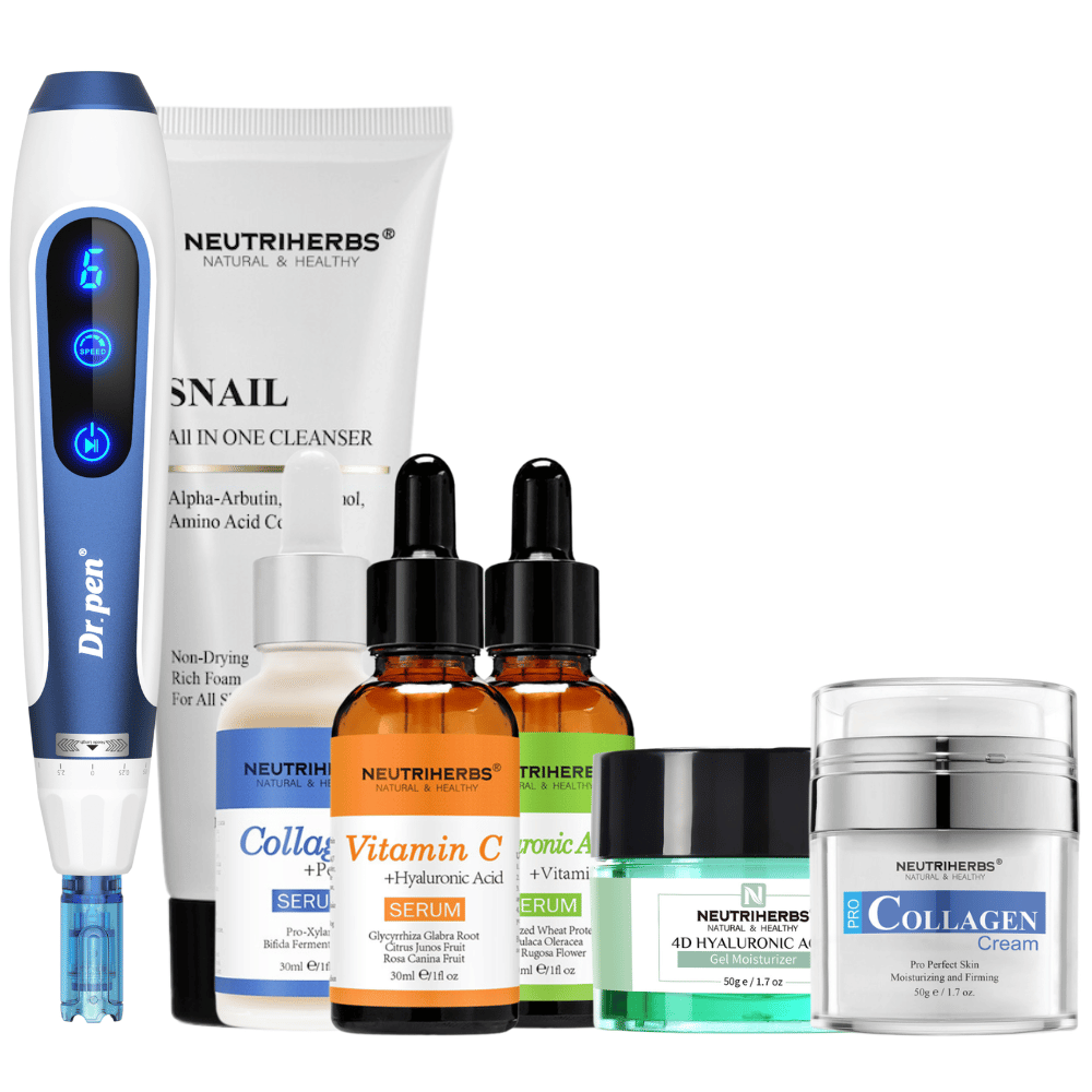 Complete Skin Renewal Kit com Dr. Pen A11, Neutriherbs Snail Cleanser, três séruns, 4D Hyaluronic Acid Gel Moisturizer e Pro Collagen Cream.
