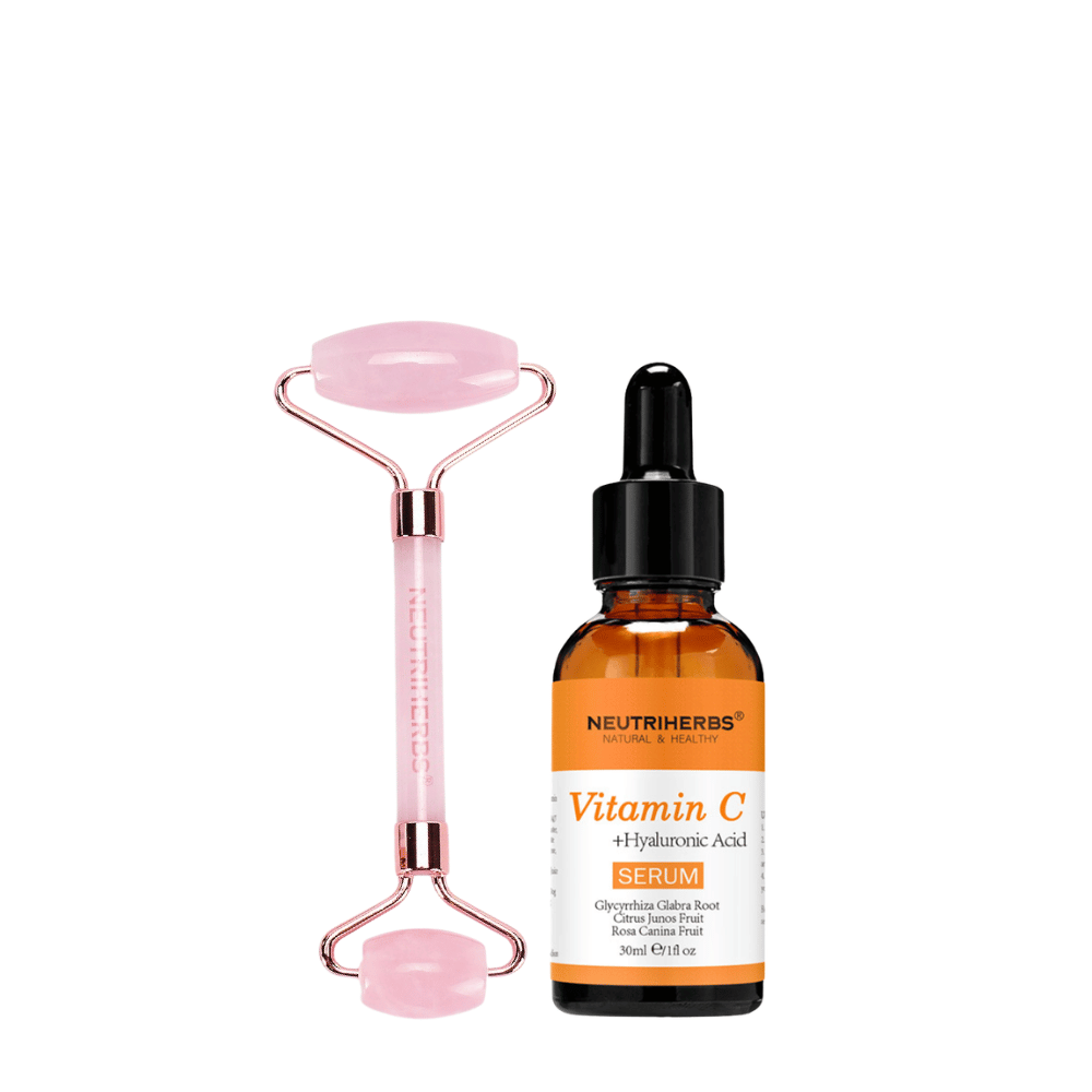 Face Massage Roller Glow Kit com roller de quartzo rosa e Vitamin C Serum