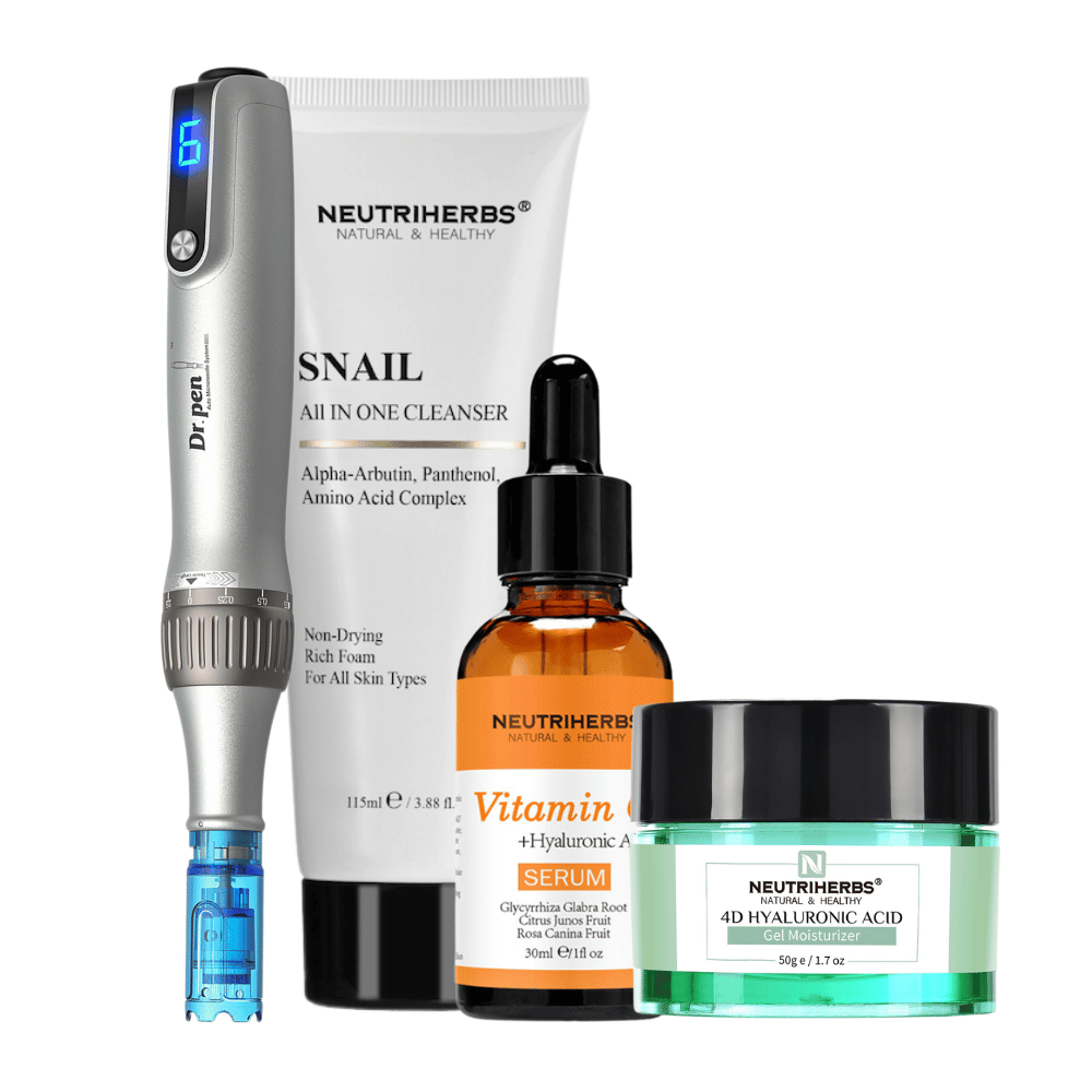 Glow & Brightening Kit com Dr. Pen M8S, Neutriherbs Snail Cleanser, Vitamin C Serum e 4D Hyaluronic Acid Gel Moisturizer.