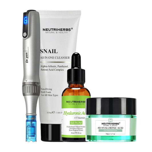 Microneedling Starter Kit com Dr. Pen M8S, Neutriherbs Snail Cleanser, Hyaluronic Acid Serum e 4D Hyaluronic Acid Gel Moisturizer.