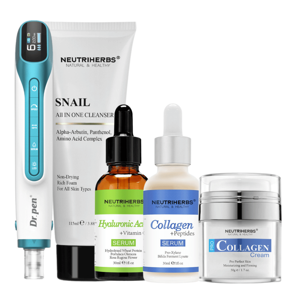 Premium Anti-Aging Kit com Dr. Pen H6, limpeza, sérum de ácido hialurónico, sérum de colagénio e creme de colagénio.