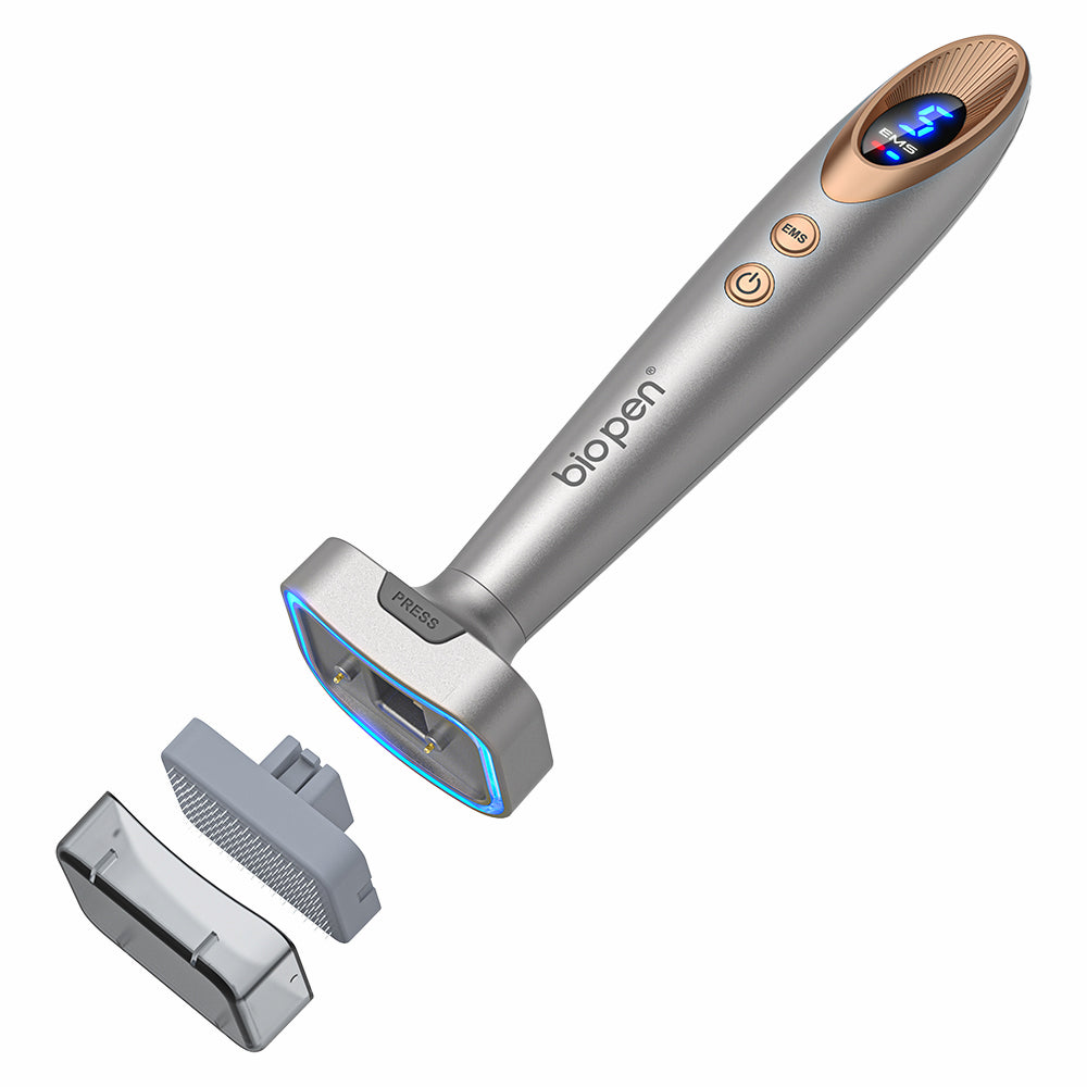 Bio Pen Bio 6 com cabeça microneedling removível e função EMS, mostrado com acessórios intercambiáveis para tratamento avançado da pele e absorção aprimorada.