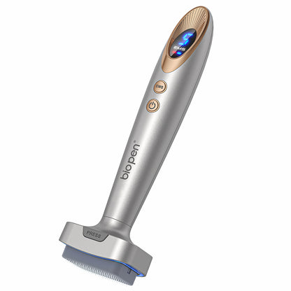 Bio Pen Bio 6 microneedling-dispositivo prateado com função EMS e display LED, projetado para rejuvenescimento da pele, firmeza e absorção aprimorada de sérum.