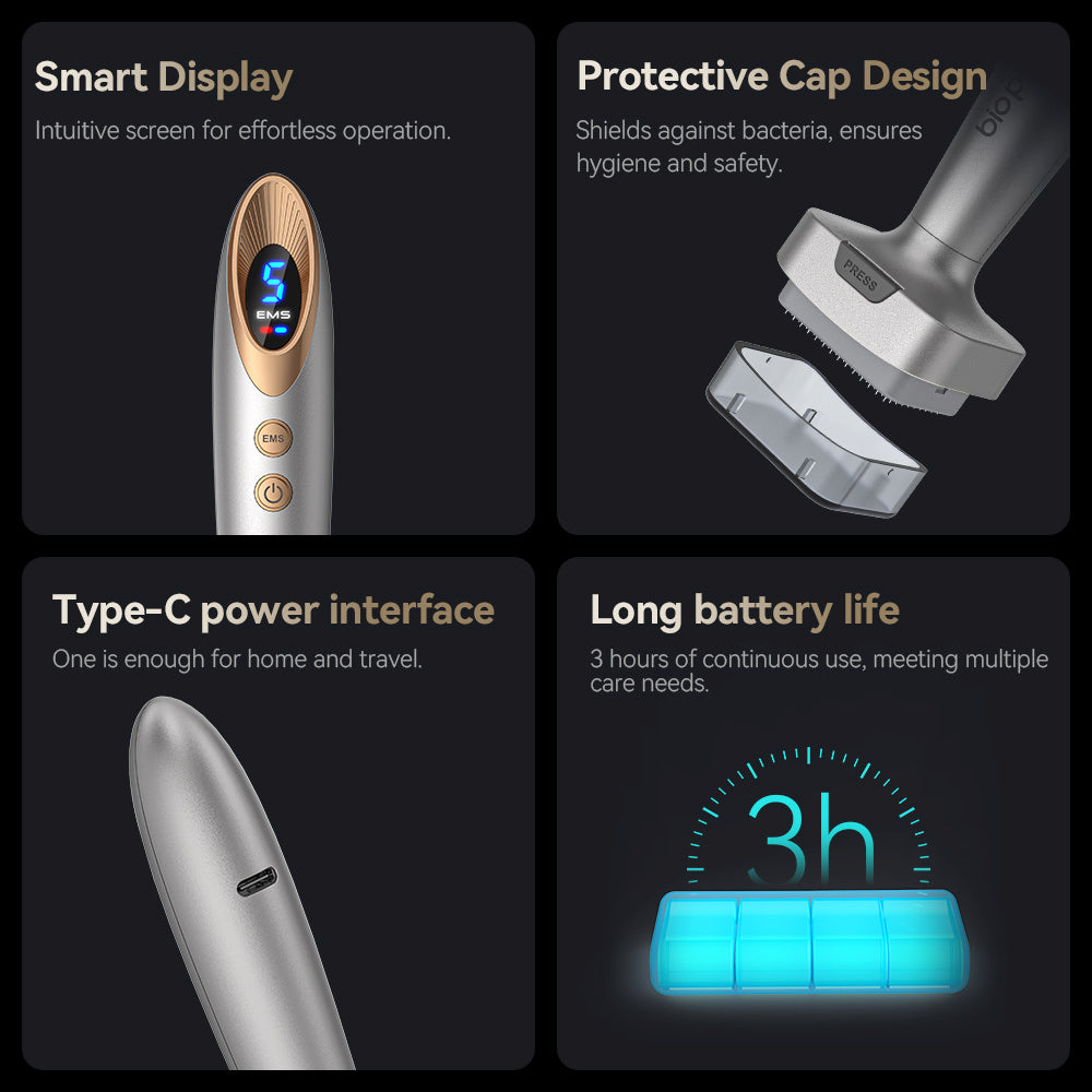Bio Pen Bio 6 visão geral de funções com display inteligente, tampa protetora para higiene, carregamento Type-C e longa duração de bateria de até 3 horas, projetado para tratamento eficaz de cuidados com a pele e cabelo.