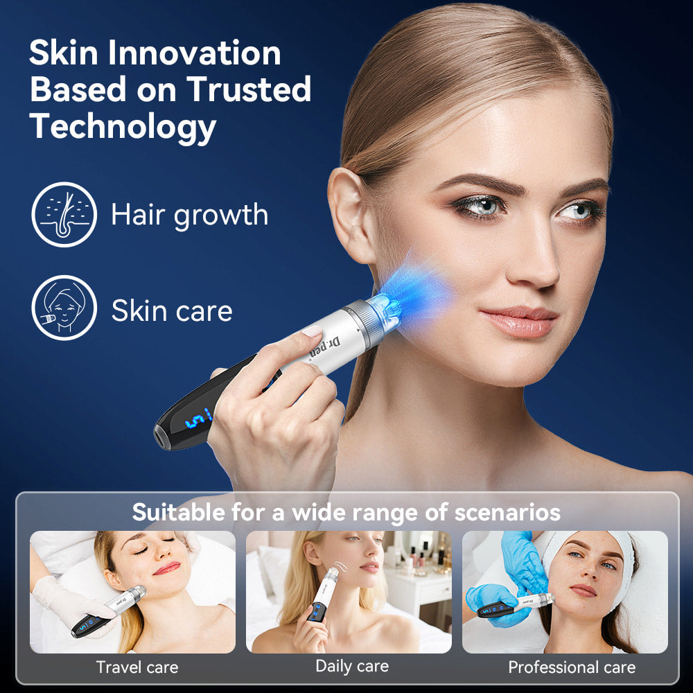Mulher usa Bio Pen Q1S microneedling com luz LED azul para cuidados com a pele e estimulação capilar, com exemplos de uso em viagens, cuidados diários e tratamento profissional.
