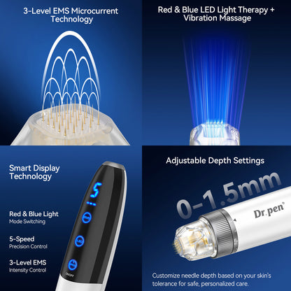 Bio Pen Q1S microneedling com microcorrente EMS de 3 níveis, luz LED vermelha e azul, display inteligente e profundidade de agulha ajustável de 0–1,5 mm para tratamento avançado de pele.