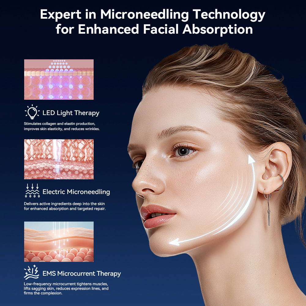 Bio Pen Q1S demonstra microneedling, terapia de luz LED e microcorrente EMS na pele do rosto para melhor absorção e rejuvenescimento da pele.