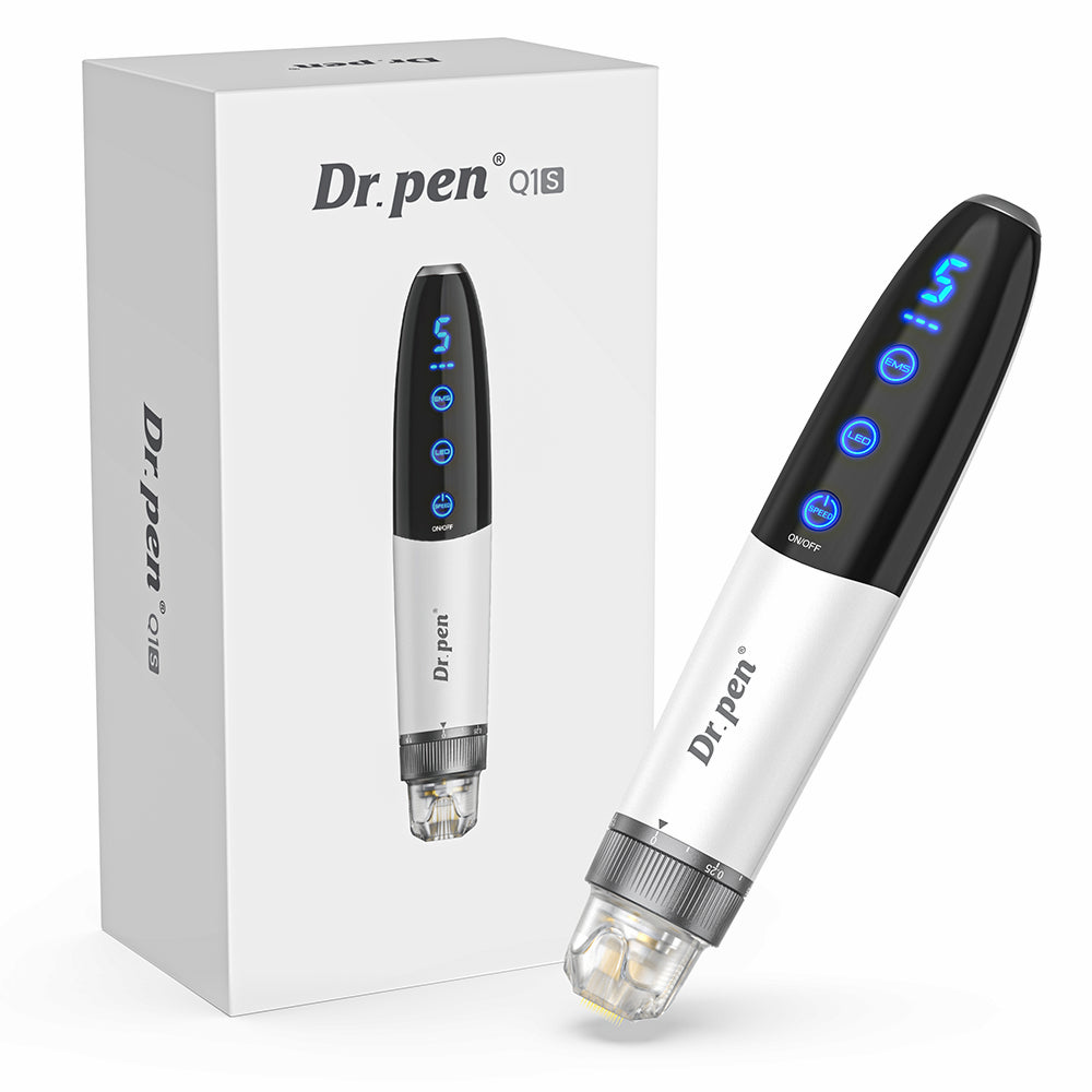 Bio Pen Q1S microneedling-caneta com funções LED e EMS, apresentada junto com embalagem do produto para tratamento profissional de pele.