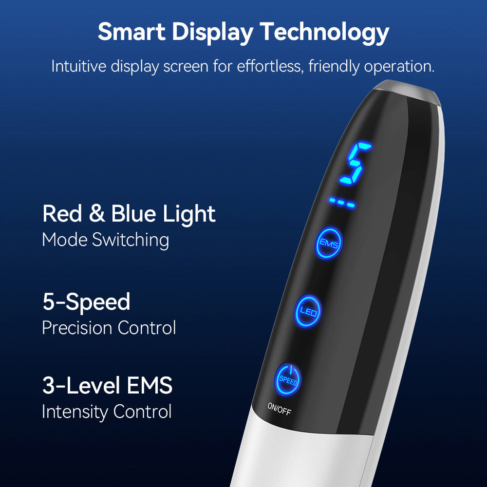 Bio Pen Q1S com tecnologia de display inteligente que mostra modos de luz vermelha e azul, 5 velocidades e intensidade EMS ajustável para tratamento avançado de microneedling.