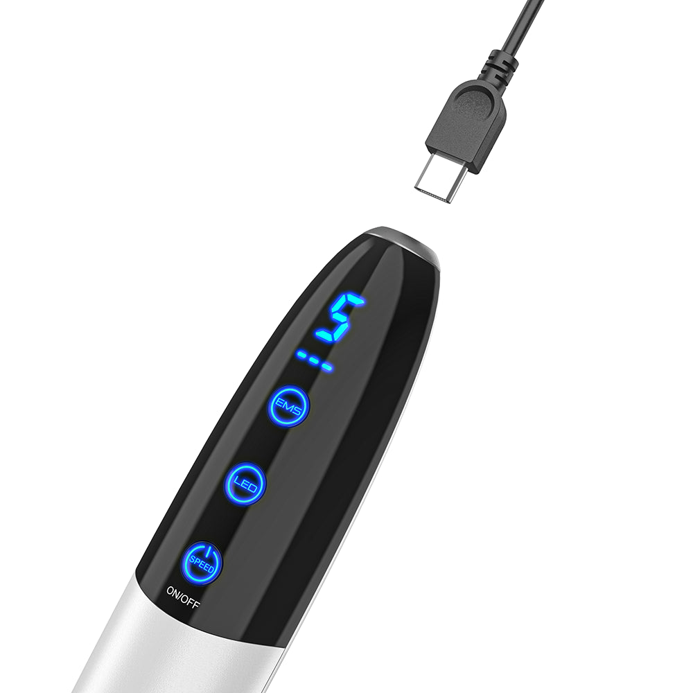 Bio Pen Q1S microneedling-caneta com carregamento USB-C e funções LED e EMS iluminadas para tratamento avançado de pele.