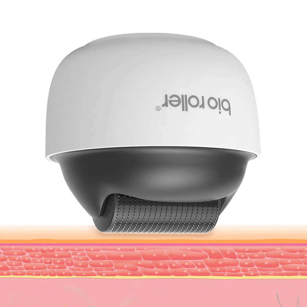 Bio Roller G4 microneedling-rolo que mostra como as microagulhas penetram na superfície da pele para estimular o colágeno e melhorar a estrutura da pele.
