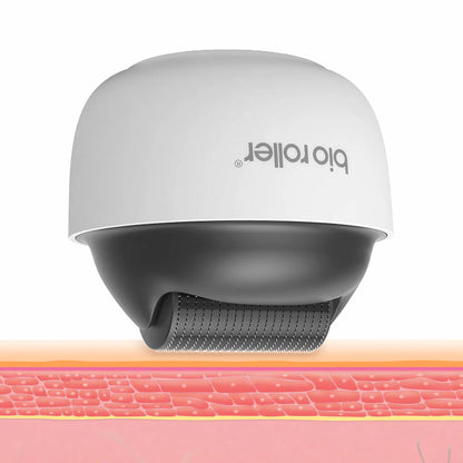 Bio Roller G4 microneedling-rolo que mostra como as microagulhas penetram na superfície da pele para estimular o colágeno e melhorar a estrutura da pele.