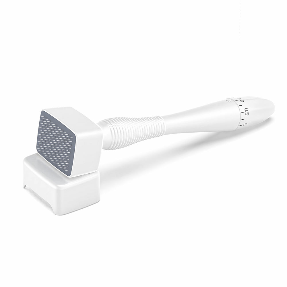 Dermastamp DRS 140A microneedling-ferramenta com comprimento de agulha ajustável e suporte incluído para tratamento de pele preciso.