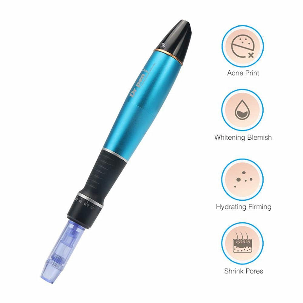 Dr. Pen A1 azul microneedling-caneta que mostra efeitos do tratamento como cicatrizes de acne reduzidas, tom de pele mais claro, maior hidratação e poros reduzidos.