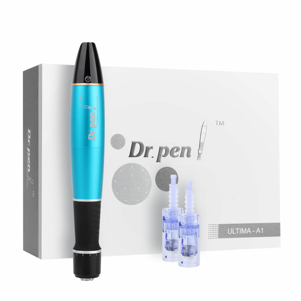 Dr. Pen Ultima A1 microneedling-caneta em azul com duas cabeças de agulha estéreis e embalagem original – kit profissional de microneedling para rejuvenescimento da pele.