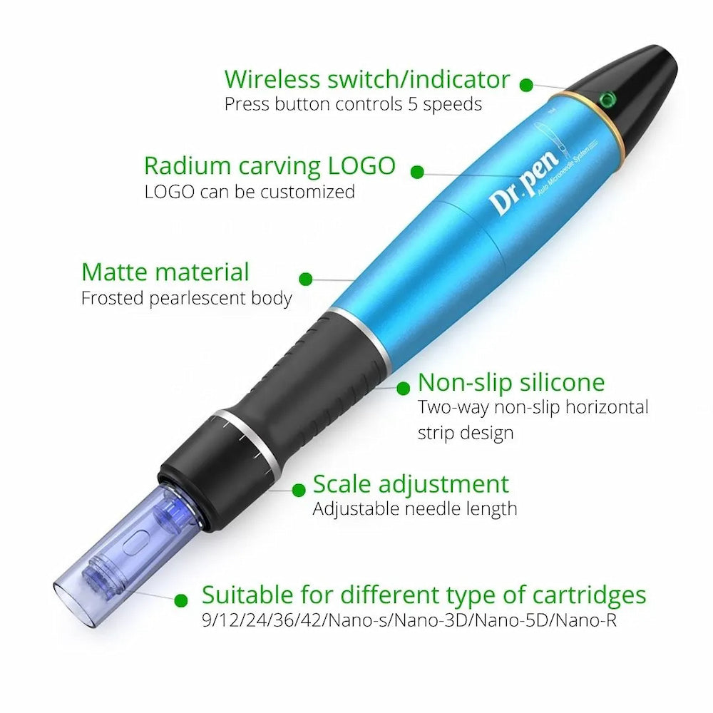 Dr. Pen A1 azul microneedling-caneta com cinco velocidades, pega de silicone antiderrapante, comprimento da agulha ajustável e compatibilidade com vários cartuchos de agulhas.