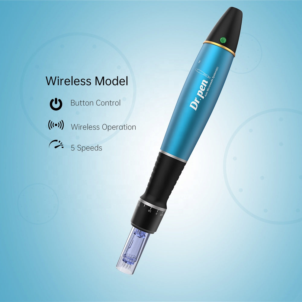 Dr. Pen A1 sem fios microneedling-caneta com controlo por botão, funcionamento sem fios e cinco velocidades ajustáveis para tratamento profissional da pele.