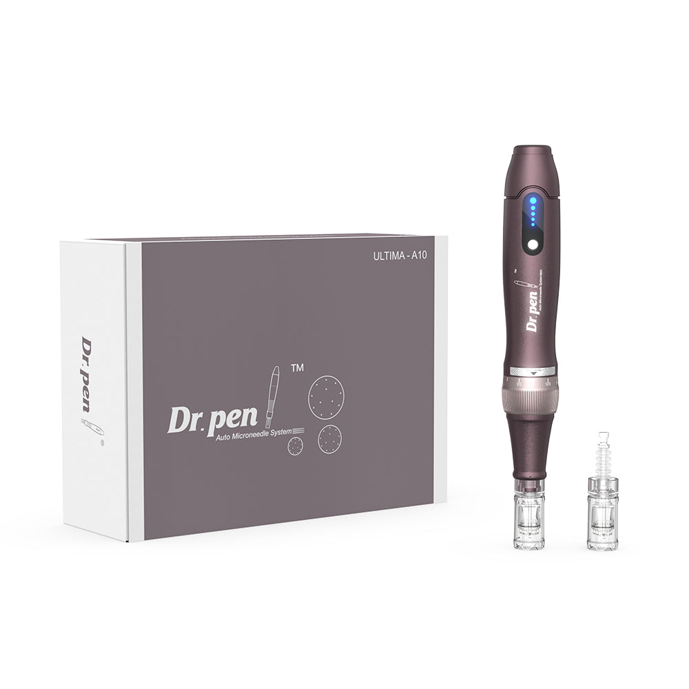 Dr. Pen A10 microneedling caneta em lilás com cabeças de agulha e embalagem original, kit completo para tratamento de pele profissional.