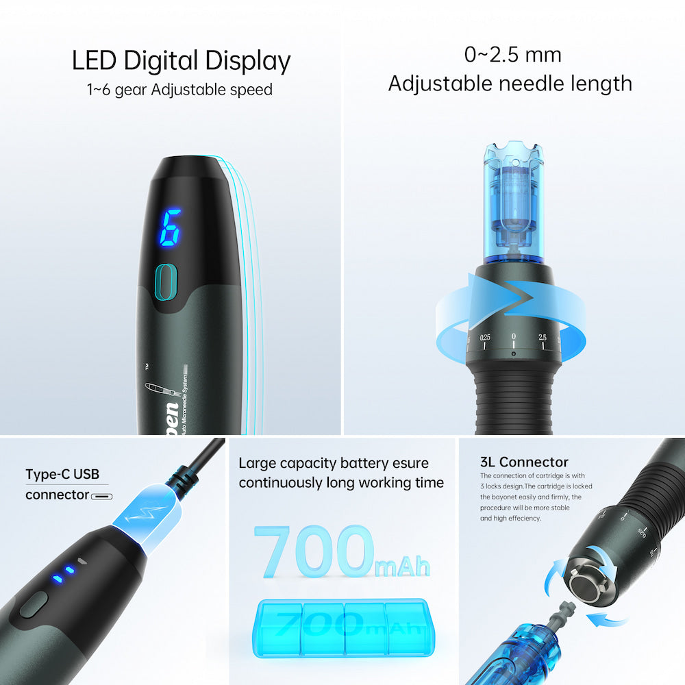 Dr. Pen A20 microneedling-caneta com display LED, profundidade de agulha ajustável de 0-2,5 mm, carregamento Type-C, bateria de 700 mAh e conector 3L estável para tratamento mais seguro.