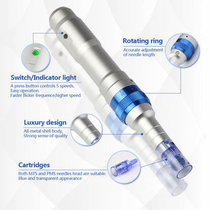 Imagem geral de Dr. Pen A6 mostrando características como luz indicadora, cinco configurações de velocidade, anel giratório para ajuste preciso da profundidade da agulha, corpo metálico de design luxuoso e cartuchos de agulha azul compatíveis.