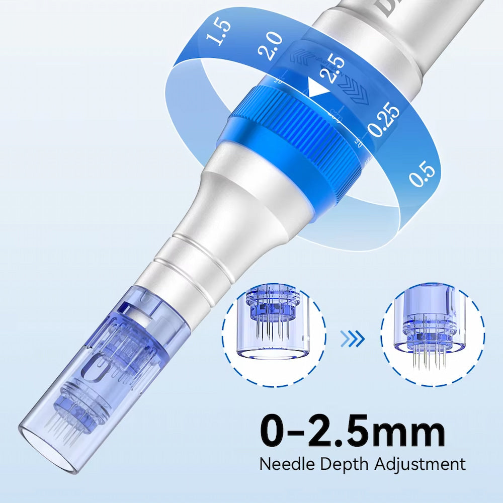 Dr. Pen A6 com cartucho de agulha azul que mostra a profundidade de agulha ajustável de 0 a 2,5 mm para microagulhamento personalizado.