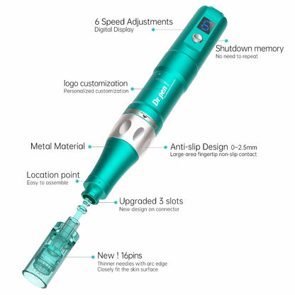 Imagem geral de Dr. Pen A6S mostrando seis níveis de velocidade, corpo de metal, design antiderrapante, função de memória ao desligar, personalização de logotipo, conexão de 3 vias atualizada e nova cabeça de 16 agulhas.
