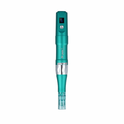 Dr. Pen A6S caneta de microagulhamento na cor turquesa vista de frente com cartucho de agulha azul e display digital para tratamento profissional da pele.