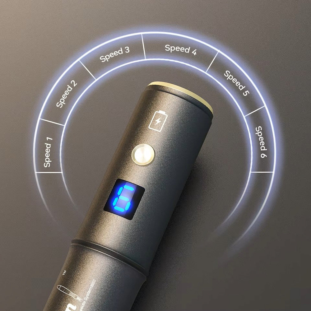 Dr. Pen A8S caneta de microagulhamento que mostra seis níveis de velocidade com display digital para tratamento de pele preciso e personalizado.