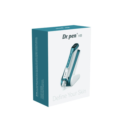 Dr. Pen H6 Hydra Pen na embalagem original com imagem da caneta de microneedling e respetivo suporte.