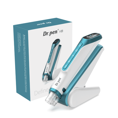 Dr. Pen H6 caneta de microneedling com visor digital, respetivo suporte e embalagem original.