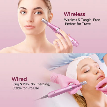 Uma mulher usa uma Dr. Pen M7 microneedling-caneta rosa sem fio na pele. O texto descreve que é sem fio, sem emaranhados e perfeita para levar em viagens. Imagem inferior: Um terapeuta realiza um tratamento facial em um cliente com a versão com fio da mesma caneta, que oferece operação estável sem necessidade de carregamento.