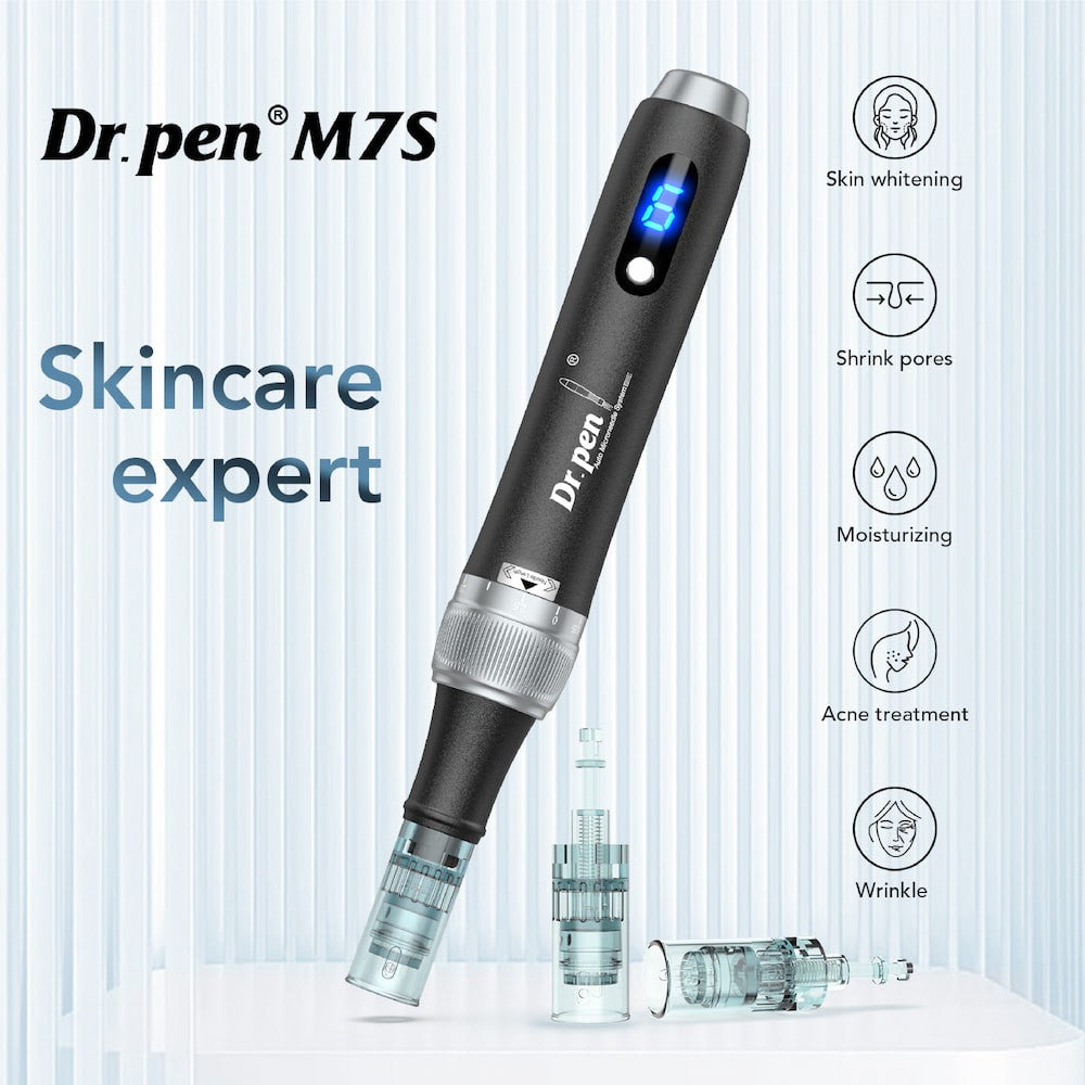 Dr. Pen M7S microneedling-caneta com display LED e cartuchos de agulhas substituíveis, projetada para tratamento profissional da pele que reduz poros, hidratação e melhora a textura da pele.