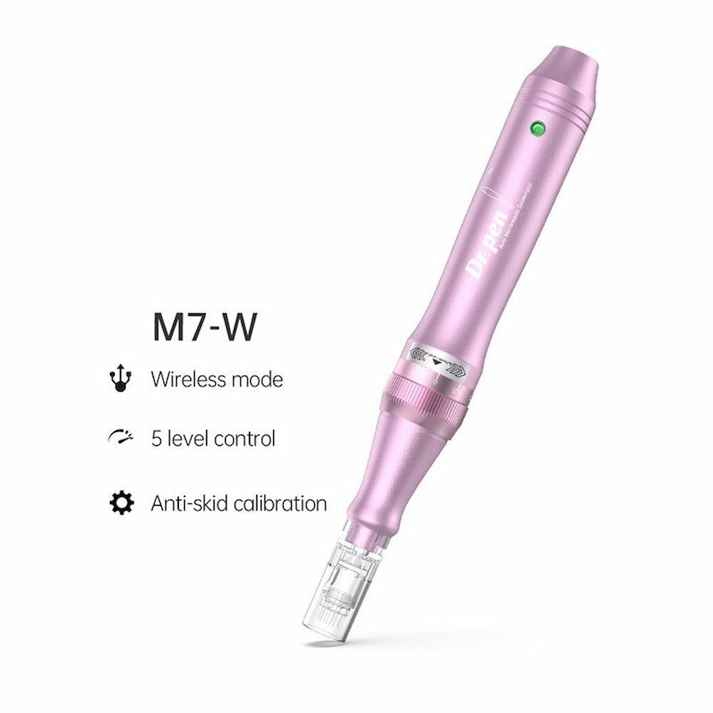 Dr. Pen M7-W sem fio microneedling-caneta em rosa com cinco níveis de velocidade e calibração anti-derrapante para tratamento profissional da pele.