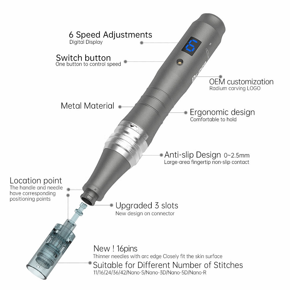 Imagem geral de Dr. Pen M8 com marcações mostrando características como 6 níveis de velocidade, design ergonômico, corpo metálico, pegada antiderrapante e cartucho de agulha atualizado com conexão de 3 vias.