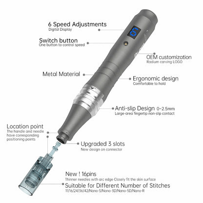 Imagem geral de Dr. Pen M8 com marcações mostrando características como 6 níveis de velocidade, design ergonômico, corpo metálico, pegada antiderrapante e cartucho de agulha atualizado com conexão de 3 vias.