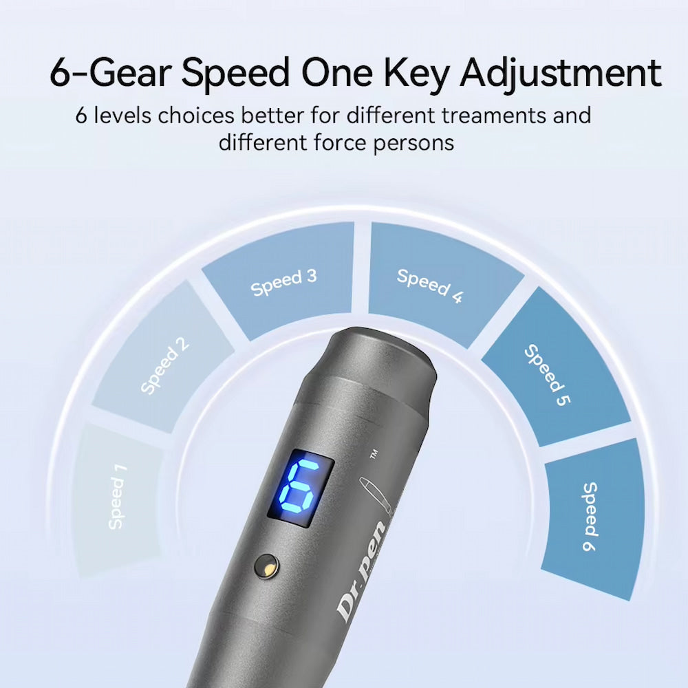 Dr. Pen M8 microneedling-caneta mostrando seis níveis de velocidade e ajuste digital com um toque de botão.