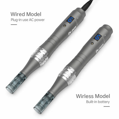 Comparação entre Dr. Pen M8 modelo com fio e modelo sem fio com bateria embutida, ambos com cabeça de agulha montada.