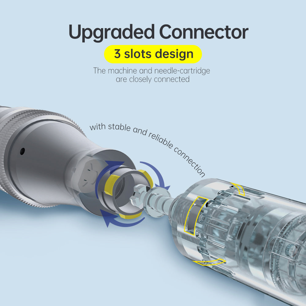 Ilustração de Dr. Pen M8 com conexão de 3 vias atualizada mostrando como o cartucho de agulha é fixado de forma estável e segura.