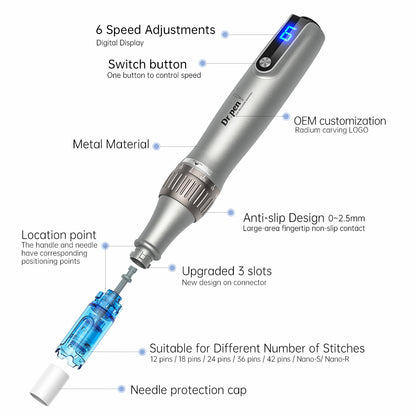 Dr. Pen microneedling-caneta com display digital de velocidade, módulo de agulha, design antiderrapante e profundidade de agulha ajustável até 2,5 mm.