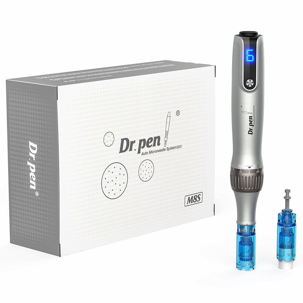 Dr. Pen M8S microneedling-caneta com display de LED, cartuchos de agulha intercambiáveis e embalagem completa – kit profissional para tratamento avançado da pele.