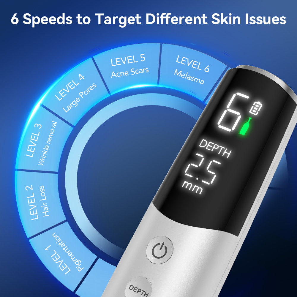 Dr. Pen M9 com 6 níveis de velocidade e profundidade da agulha ajustável para microneedling em diferentes problemas e tipos de pele.