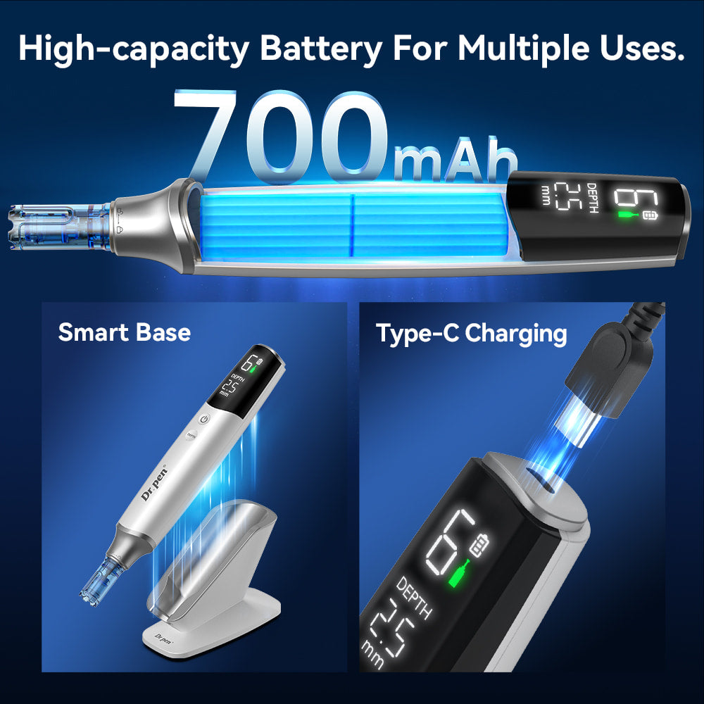 Dr. Pen M9 com potente bateria de 700mAh, carregamento USB-C e base de carregamento inteligente para microneedling sem fios e longa autonomia.